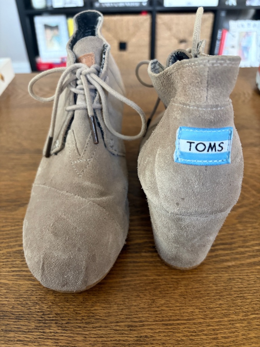Women’s TOMS Taupe Suede Lace-Up Wedge Ankle Booties